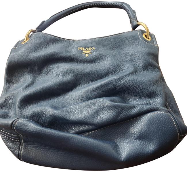 Prada Pebbled Blue Leather Hobo Bag