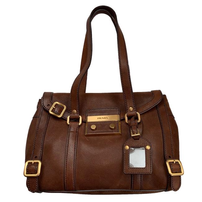 Prada Antic Buckle Pebbled Brown Aged Leather Satchel