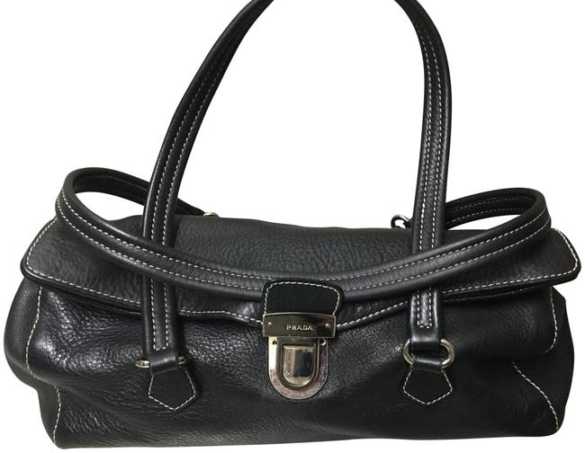 Prada Shoulder Bag Pebbled Black Leather Satchel