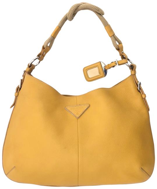 Prada Pebbled Yellow Leather Hobo Bag