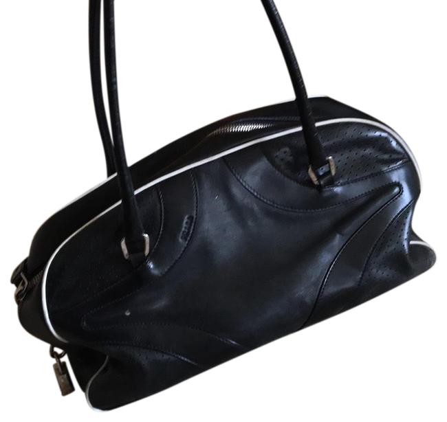 Prada Perforated Bowler with Lock Black Leather Satchel