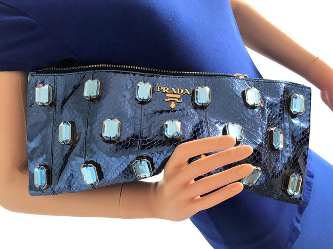 Prada Pietre Blue Snakeskin Leather Clutch
