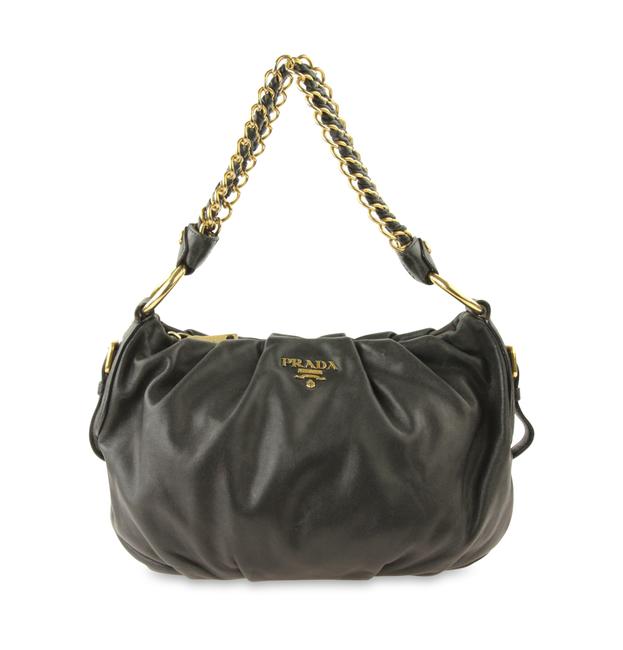 Prada Pleated Chain Black Leather Hobo Bag