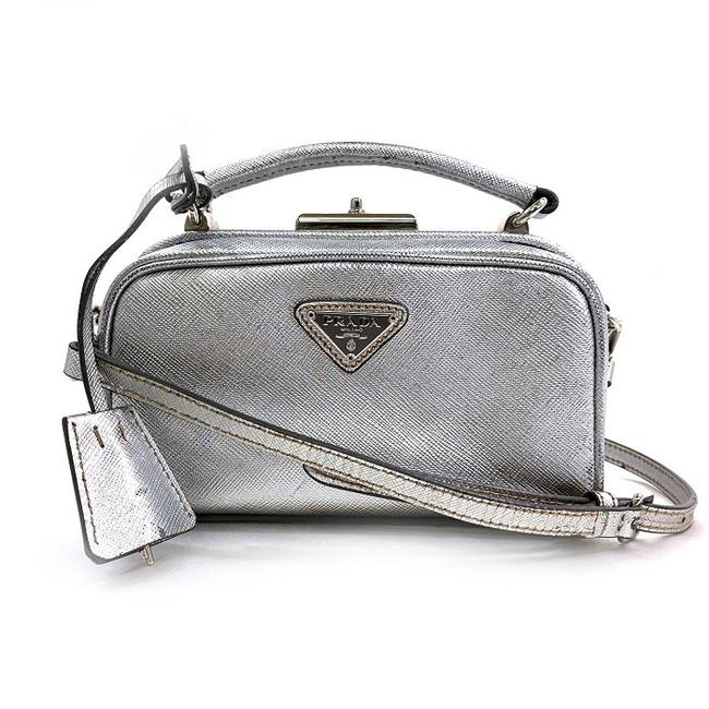 Prada Pochette Saffiano 2way Ladies Shoulder Silver Leather Clutch