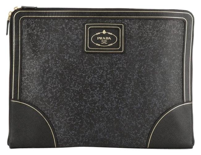 Prada Portfolio Zip Around Saffiano Blue Leather Clutch