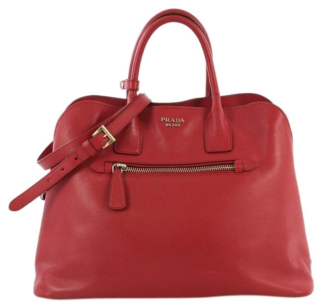 Prada Promenade Cuir Front Zip Tote Large Red Saffiano Leather Satchel