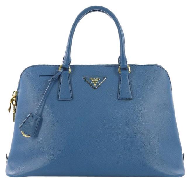 Prada Promenade Handbag Saffiano Large Blue Leather Satchel