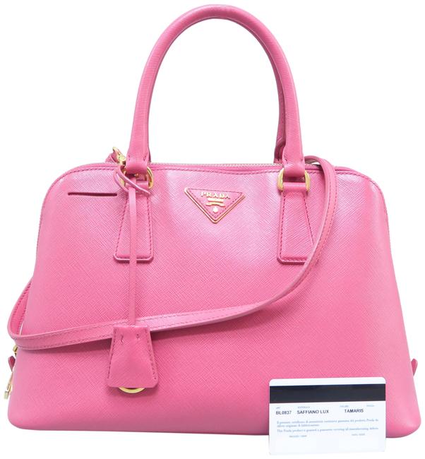 Prada Promenade Medium Saffiano Vernice Rose Calfskin Satchel