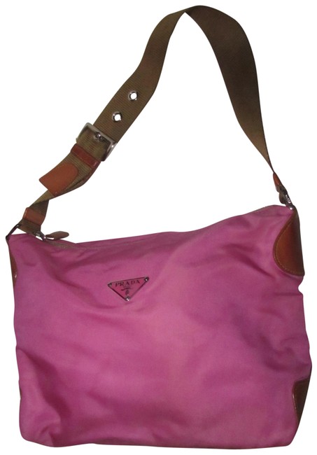 Prada PursesDesigner Purses Bubble Gum Pink Nylon and Camel Leather Hobo Bag