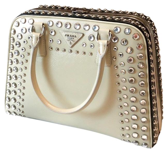 Prada Pyramid Lux Saffiano Crystal Studded Embellished Cream Black Satchel