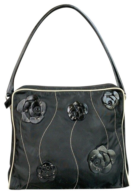 Prada Rare Vintage Roses ShoulderHand Black Nylon  Leather Satchel