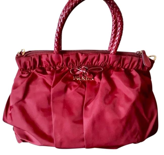 Prada Red Nylon Tessuto with Braided Leather Handles Satchel