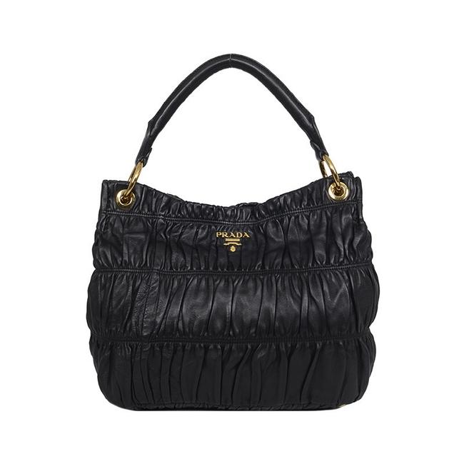 Prada Ruched Tesutto Black Lambskin Leather Hobo Bag