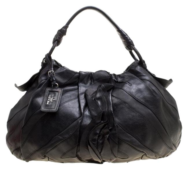 Prada Ruffle Mordore Black Leather Hobo Bag