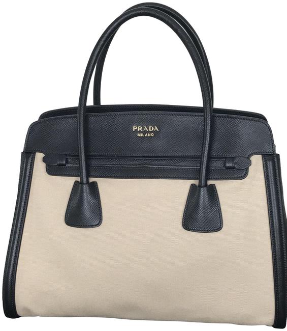 Prada Saffiano CreamBlack Leather and Canapa Satchel