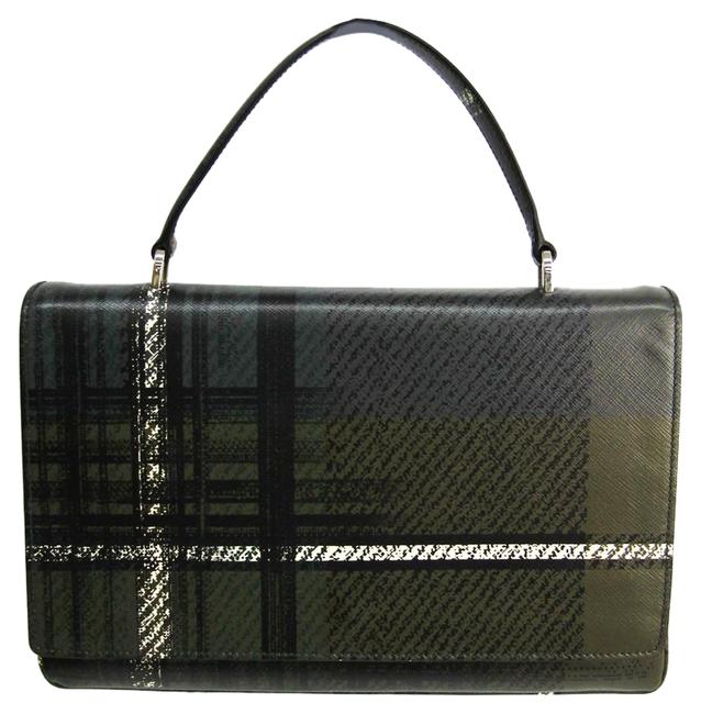 Prada Saffiano Handbag Black  Dark Green  White Leather Satchel