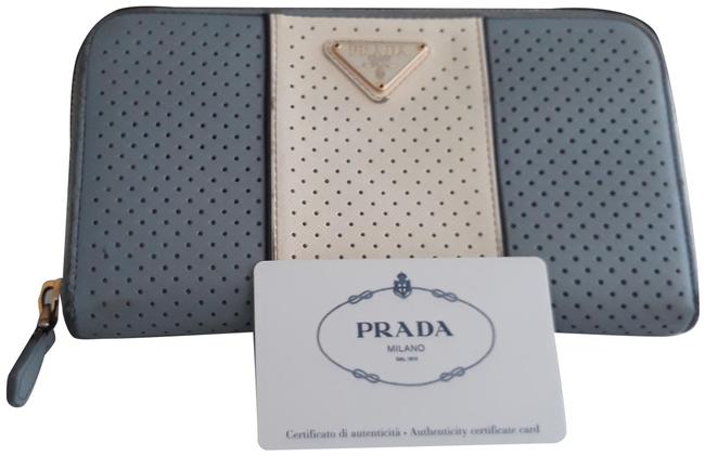 Prada Saffiano Perforated Wallet BlueWhite Leather Clutch