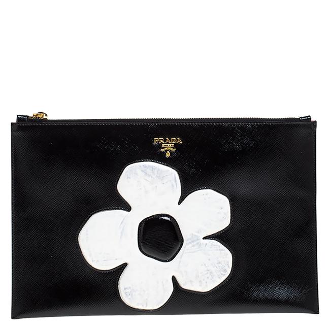 Prada Saffiano Vernice Flower Black Patent Leather Clutch