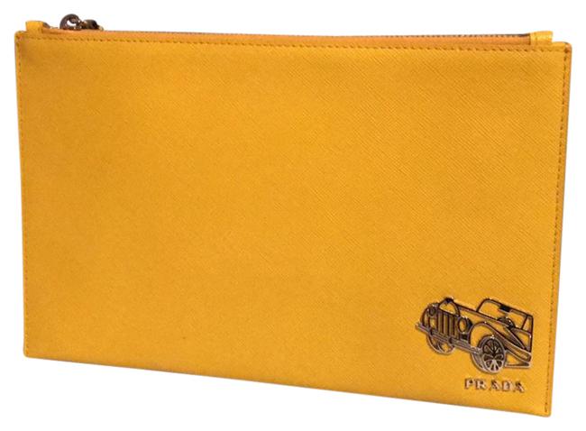 Prada Saffiano Car Yellow Leather Clutch