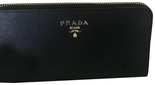 Prada Saffiano Zip around Wallet Black Leather Clutch