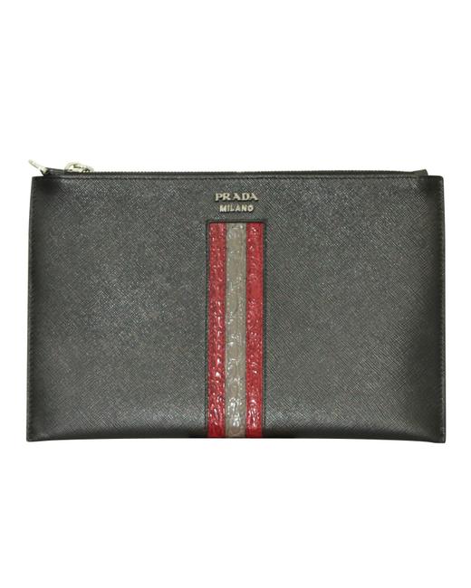 Prada Saffiano Zip Pouch Black Leather Clutch