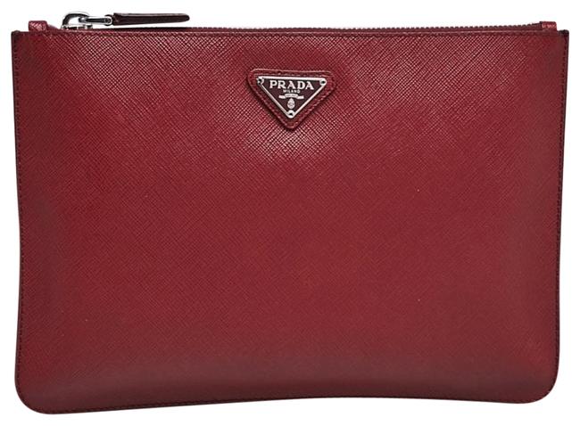 Prada Saffiano Zip Pouch Red Leather Clutch