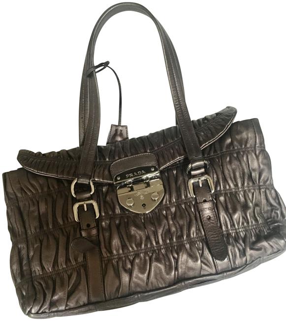 Prada Shoulder Bag Aubergine Nappa Gaufre Metallic Leather Satchel