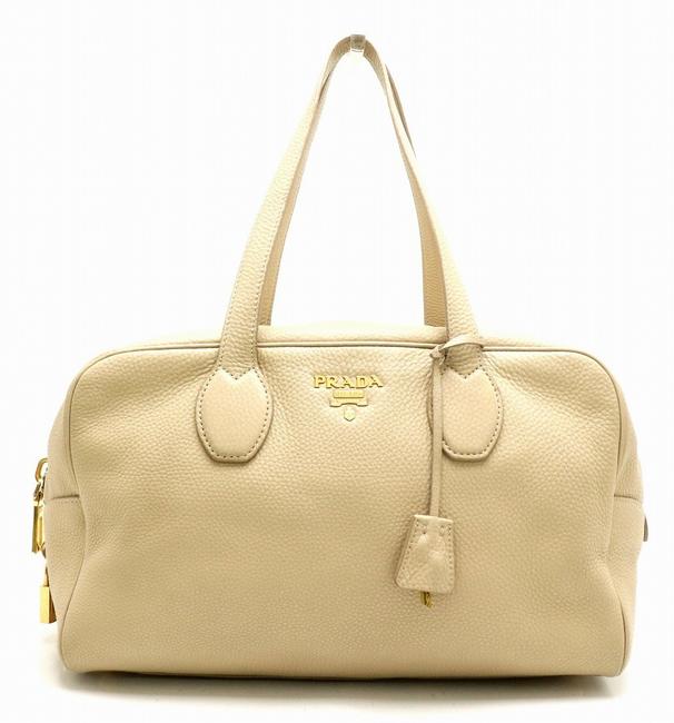 Prada Shoulder Bag Boston Handbag Stamped Gold Hardware Beige Leather Satchel