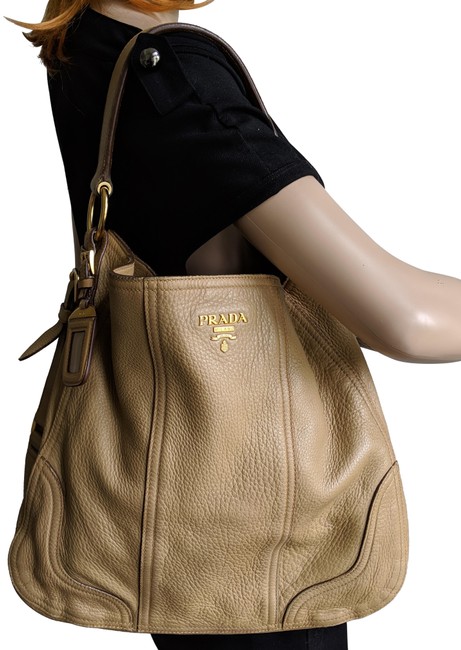 Prada Shoulder Deerskin Beige Leather Hobo Bag