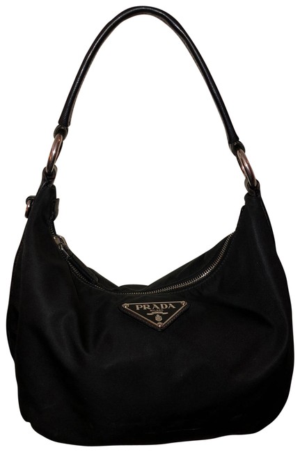 Prada Shoulder Leather Trim Black Nylon Hobo Bag