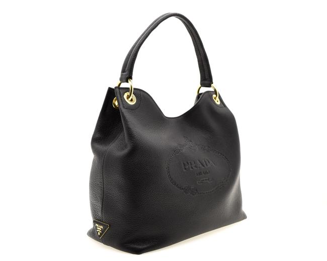 Prada Shoulder Logo Black Leather Hobo Bag