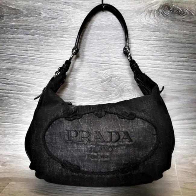 Prada Shoulder Monogram Logo Black Denim Hobo Bag