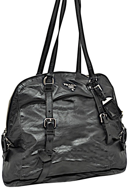 Prada Shoulder Bag Softest with Lock+key Silver Hdwr Black Leather Satchel
