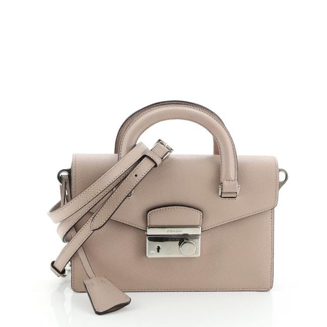 Prada Sound Convertible Saffiano Small Neutral Leather Satchel