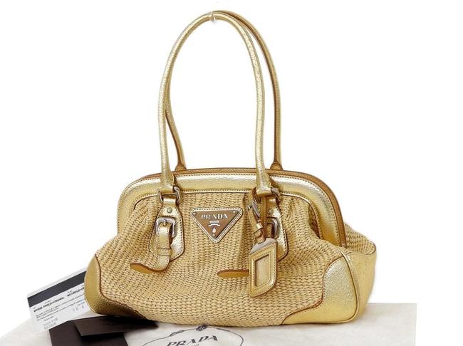 Prada Straw Jute Handbag Shoulder 20180430 Beige  Gold Leather Satchel