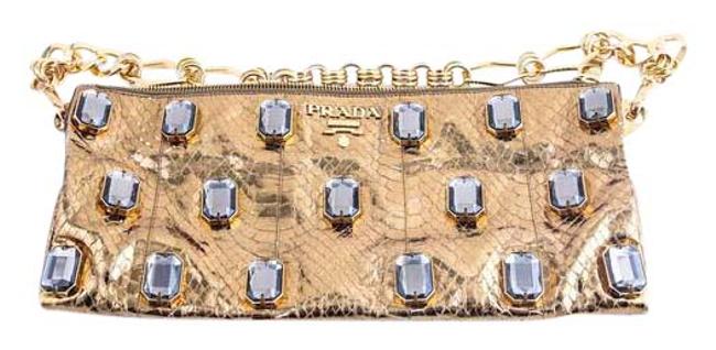 Prada Stunning Jewell Embellished Pietre Snakeskin Gold Clutch