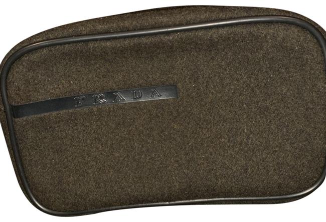 Prada ToiletriesCosmetics Moss Green Brown Trim Wool Clutch