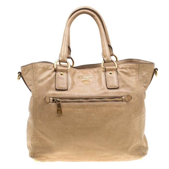 Prada Top Handle Bag Beige Leather Clutch