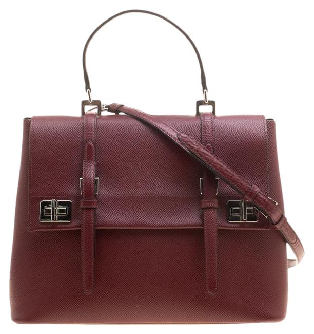 Prada Top Handle Bag Lux Saffiano Burgundy Leather Clutch
