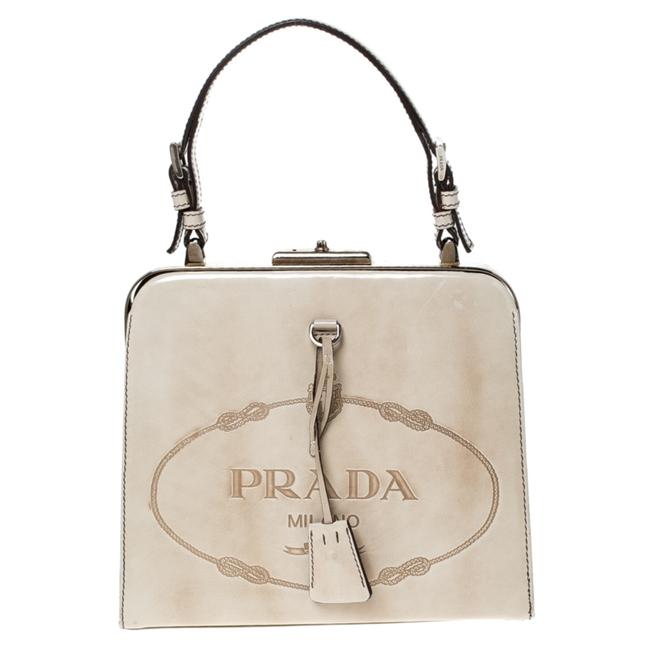 Prada Top Handle Bag Print Frame Beige Patent Leather Clutch