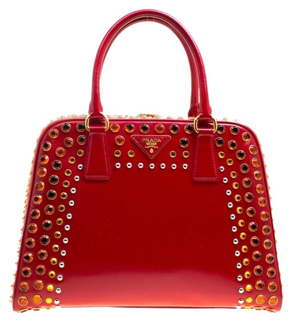 Prada Top Handle Bag Pyramid Blush PinkRed Frame Red Patent Leather Satchel