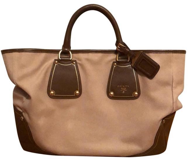 Prada Tote Bag TanBrown Canvas  Leather Satchel