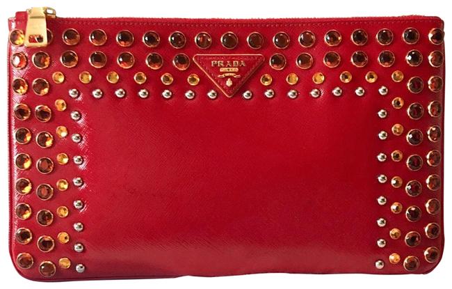 Prada Vernice Crystal Embellished Red Saffiano Leather Clutch