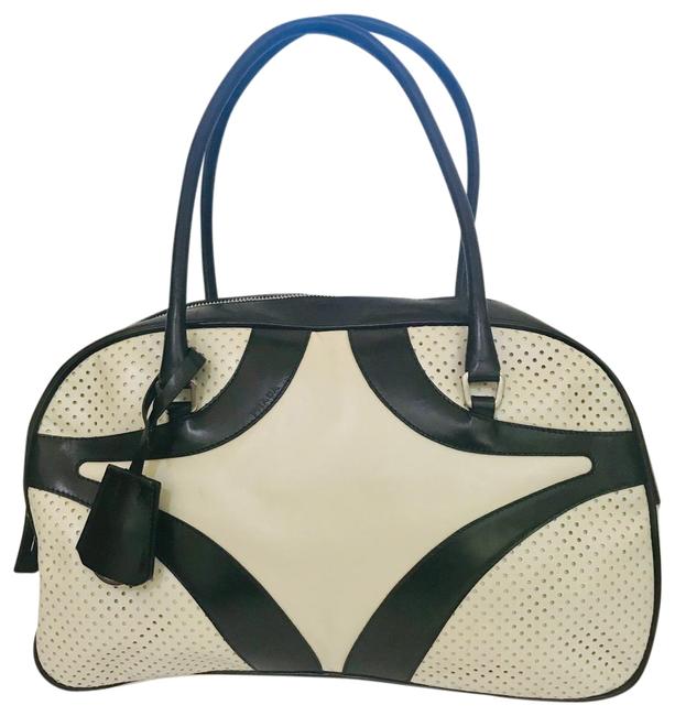 Prada Vintage Bowler Vitello Black and White Leather Satchel