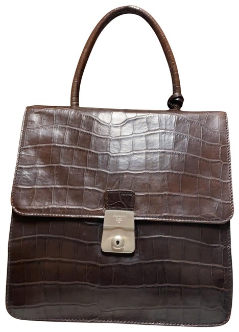 Prada Vintage Combination Hand Brown  Green Leather Nylon Satchel