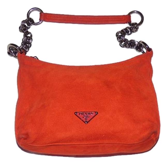 Prada Style Shoulder Purse Reddish Orange Suede and Leather with A Chrome Chain Strap Hobo Bag