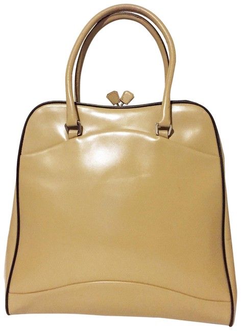 Prada Vitello and Brown Kisslock Tan Leather Satchel