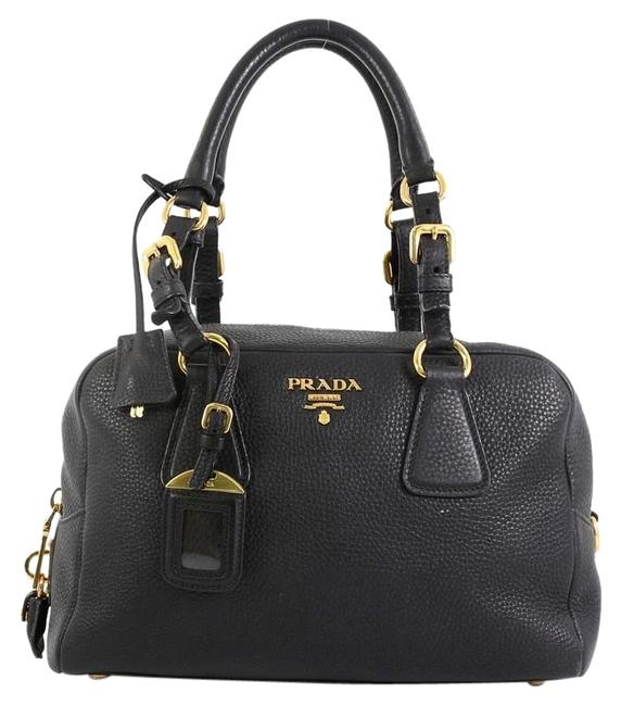 Prada Vitello Daino Bauletto Medium Black Leather Satchel