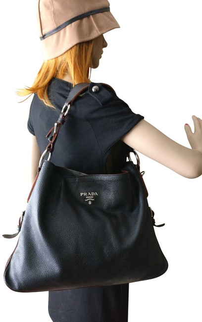 Prada Vitello Daino Black Leather Hobo Bag