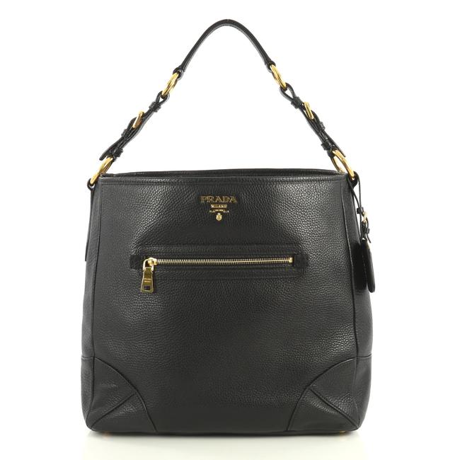 Prada Vitello Daino Front Zip Pocket Medium Black Leather Hobo Bag